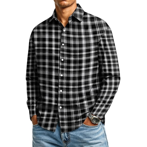 Mens Plaid Dress Shirts Long Sleeve Lapel Button Down Wrinkle Free Tee Casual Gingham Checkered Tops