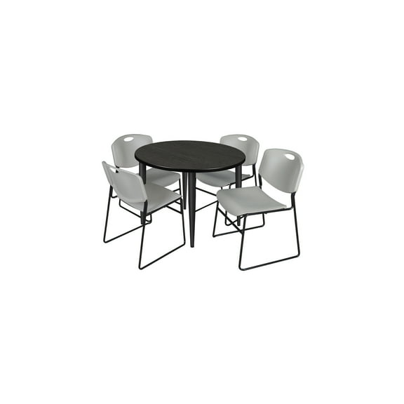 36" Round Breakroom Table- Ash Grey Top- Black Base & 4 Zeng Stack Chairs- Grey