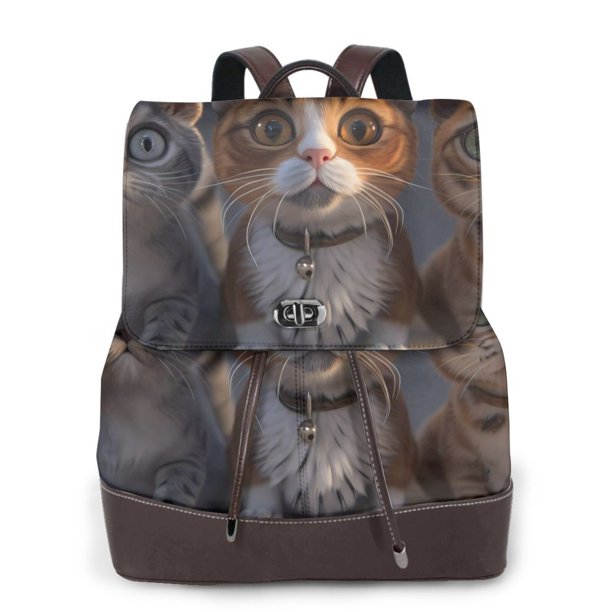 Easygdp Wide Eyed Cartoon Cats Mochila de Cuero para Mujeres, Bolso de Hombro, Bolsos de Mano de Moda para Trabajo y Viajes