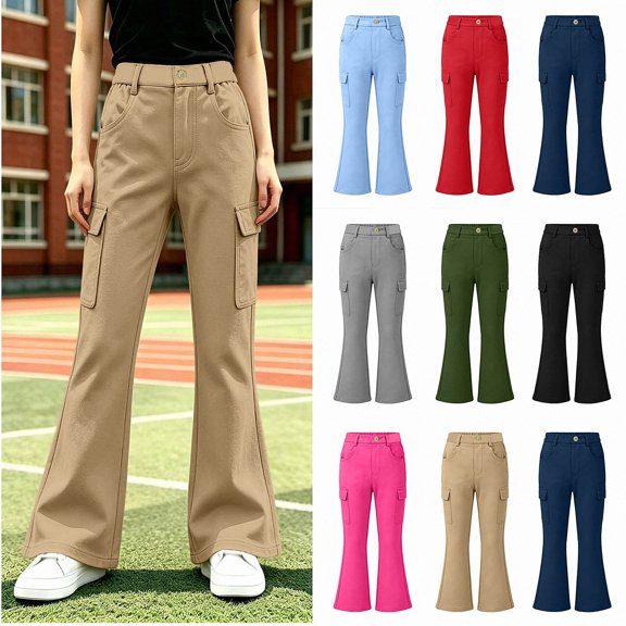 SGFCWSX Girls Cargo Flare Pants Button Zipper Pockets Trousers for Casual Daily Wear Khaki Size 9