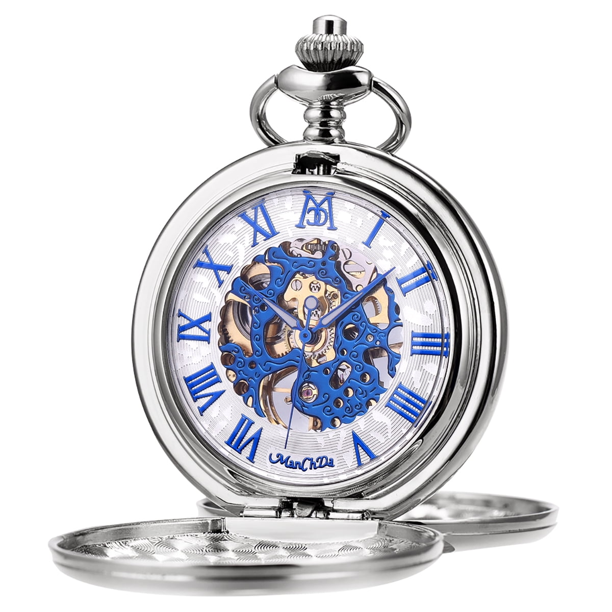 ManChDa Mechanical Roman Numerals Dial Skeleton Pocket Watches with Box and Chains for Mens
