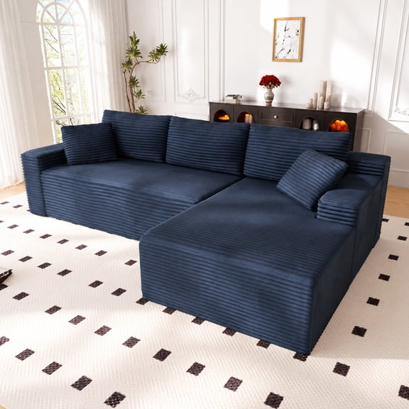 Lunale 105" Modular L-Shaped Sectional Sofa, Boneless Cloud Couch, No Assembly Required, Modern Deep Seat Corduroy Sofa for Living Room, Blue (Right Facing Chaise)