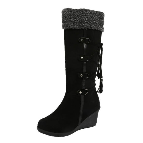 Black Ladies High Top Boots With Slope Heel And Suede For Elevation Comfortable During Cold Months
