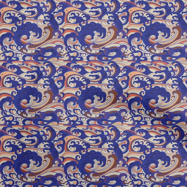 oneOone Velvet Medium Blue Fabric Asian Japanese Wave Craft Projects Decor Fabric Printed By The Yard 58 Inch Wide