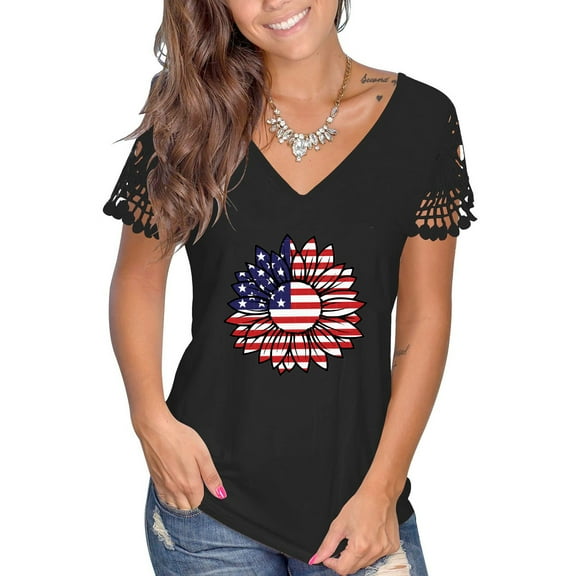 Babysbule Women's Tops Women's Summer V-neck Independence Day Printed Tops T-Shirts Casual Lace Short Sleeve Blouse
