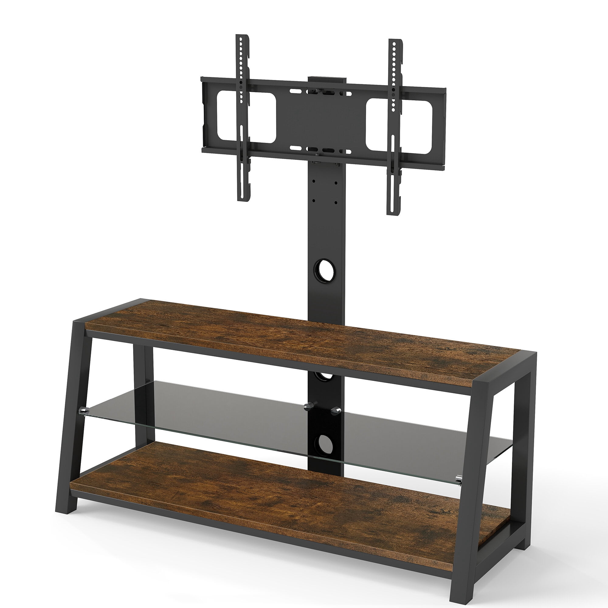 Entertainment Centers, Wooden Storage TV Stand Black Tempered Glass Height Adjustable Universal Swivel Entertainment Center With Mount TV Stand, Rustic Browm, Acacia Wood TV Stands With Storage