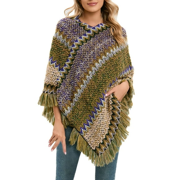 Poncho pour Femmes à Imprimé National Coloré à Empiècements avec Pompons, Châle Foulard Tricoté, Étoles à Franges, Pashminas, Chandail, Chandail, Cape, Cadeaux pour Femmes, Chandail, Châle à Ourlet à Pompons, Cape