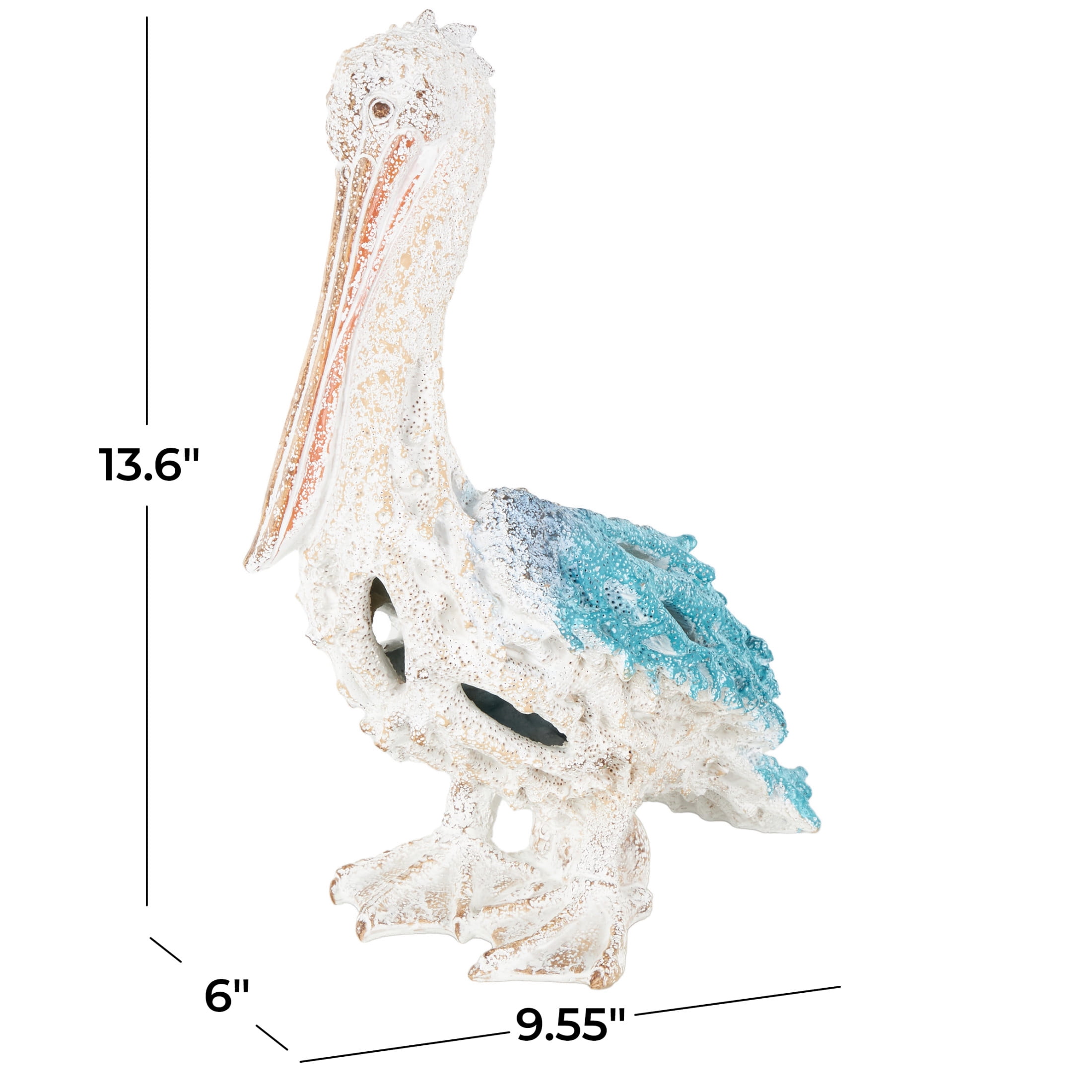 10" x 14" Blue Polystone Textured Pelican Sculpture with Blue Feathers, by DecMode