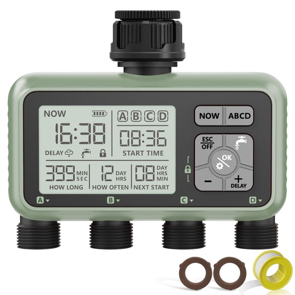 Water Timer with 4 Outlet for Garden and Lawn– Programmable Irrigation Systems with Rain Delay, Manual/Automatic Modes, Low Battery Warning