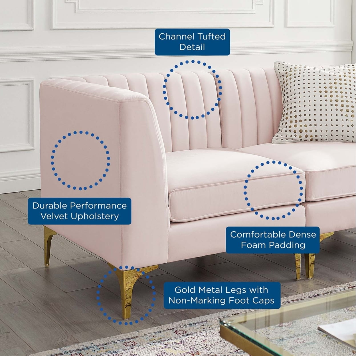 Modway Triumph Channel Performance Velvet Tufted Loveseat in Pink