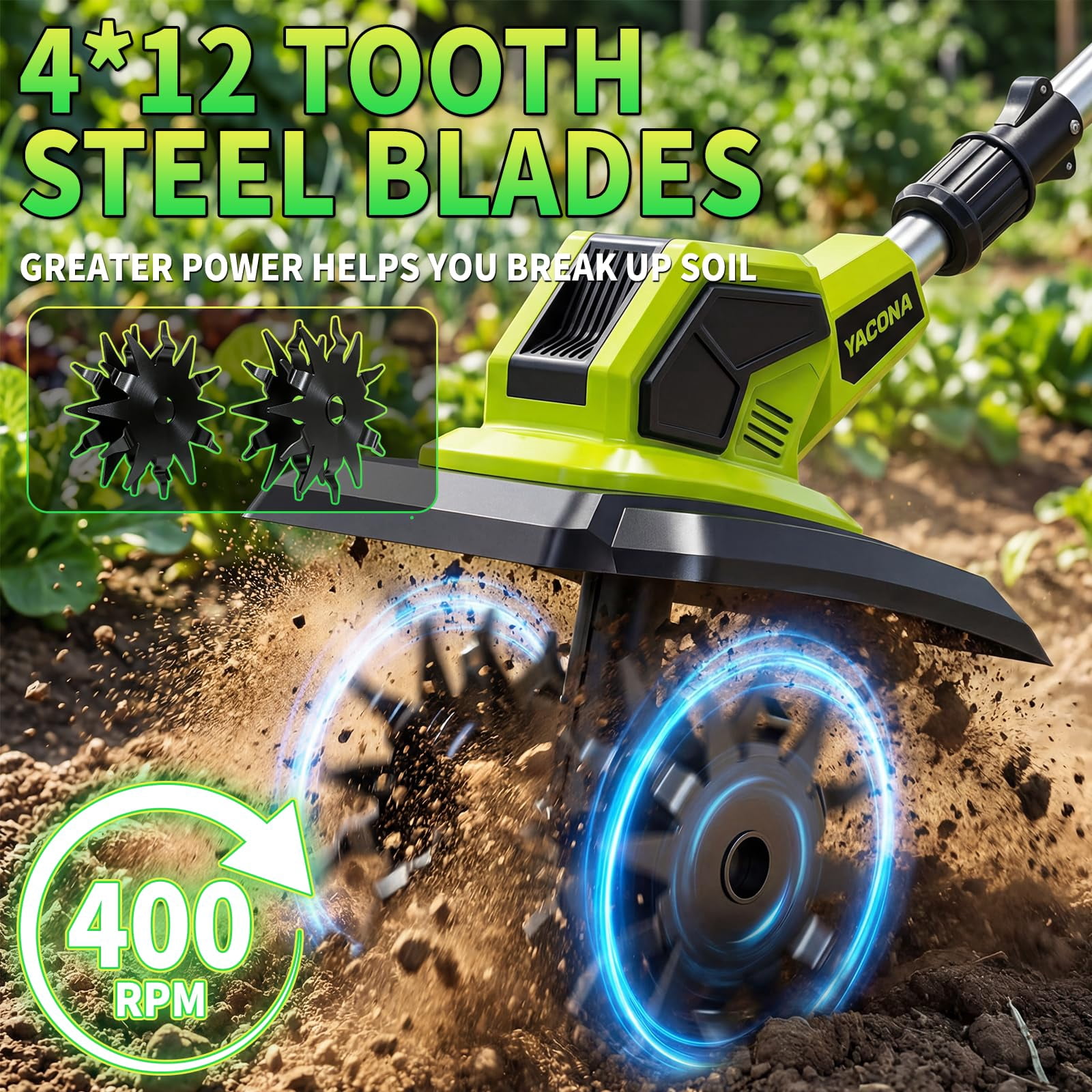 Yacona Cordless Garden Tiller Cultivator, 400RPM Electric Tiller for Gardening, Battery Powered Rototiller, with 2 x 3.0Ah Batteries, Green