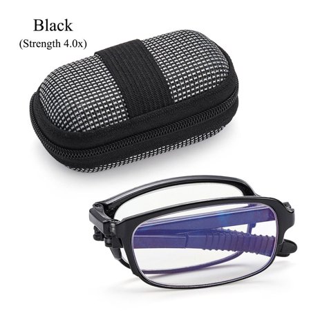 TR90 Eyewear Compact Portable Reading Glasses with Zipper Case Presbyopic Glasses Folding BLACK STRENGTH 4.0X