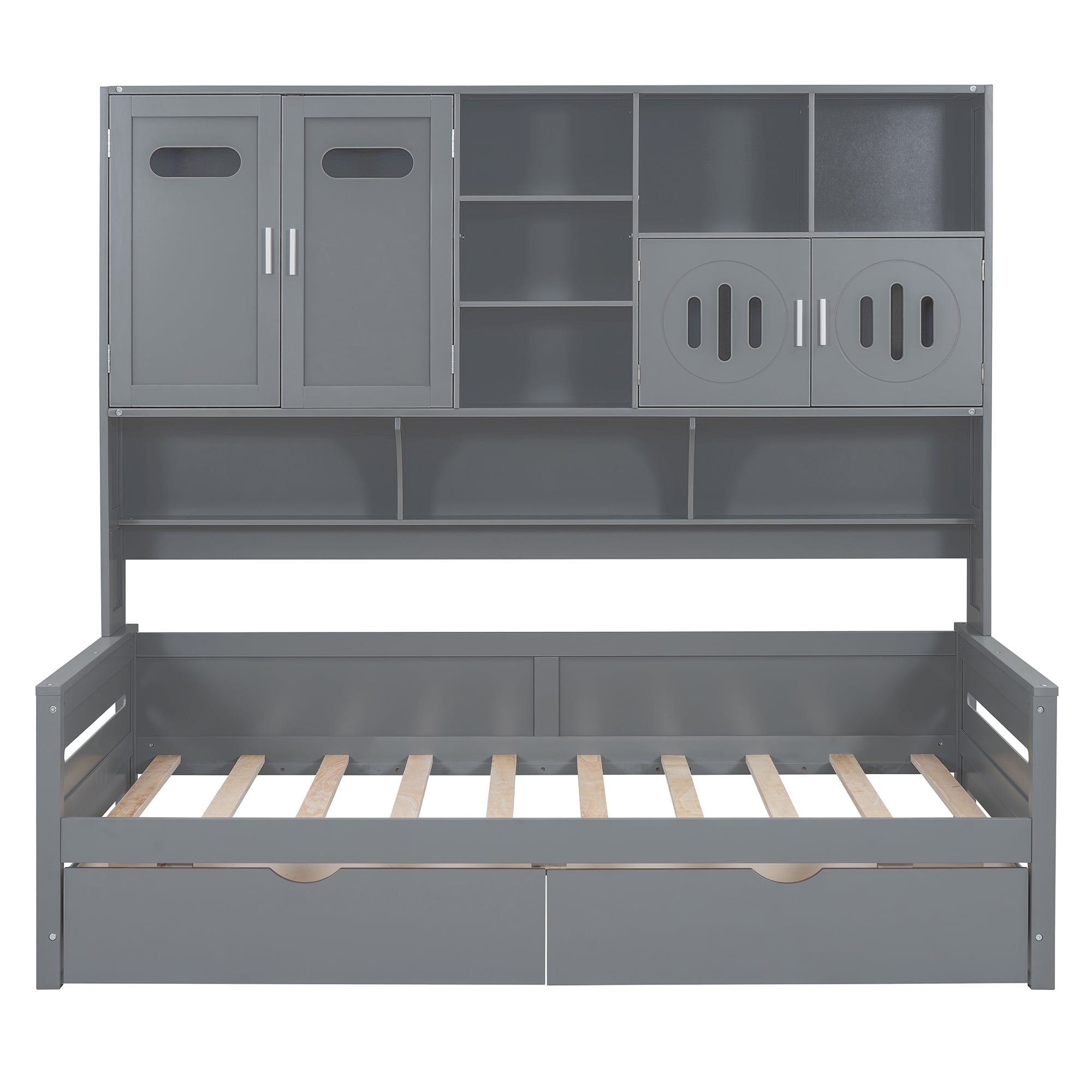 Mintazer Twin Platform Bed with Side Bookcase & 2 Drawers and 2 Cabinets, All-in-One Wood Storage Daybed Frame for Kids Teens Bedroom Guest Room, Grey