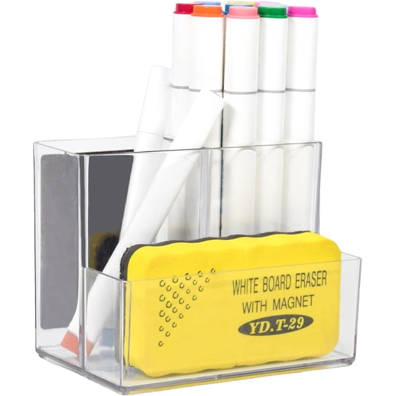SAYEEC 1-Pack Clear Acrylic Pen Holder Multi-Functional 3-Compartment Organizer with 4 Magnet Sheets for Office,Makeup & Whiteboard Use, White