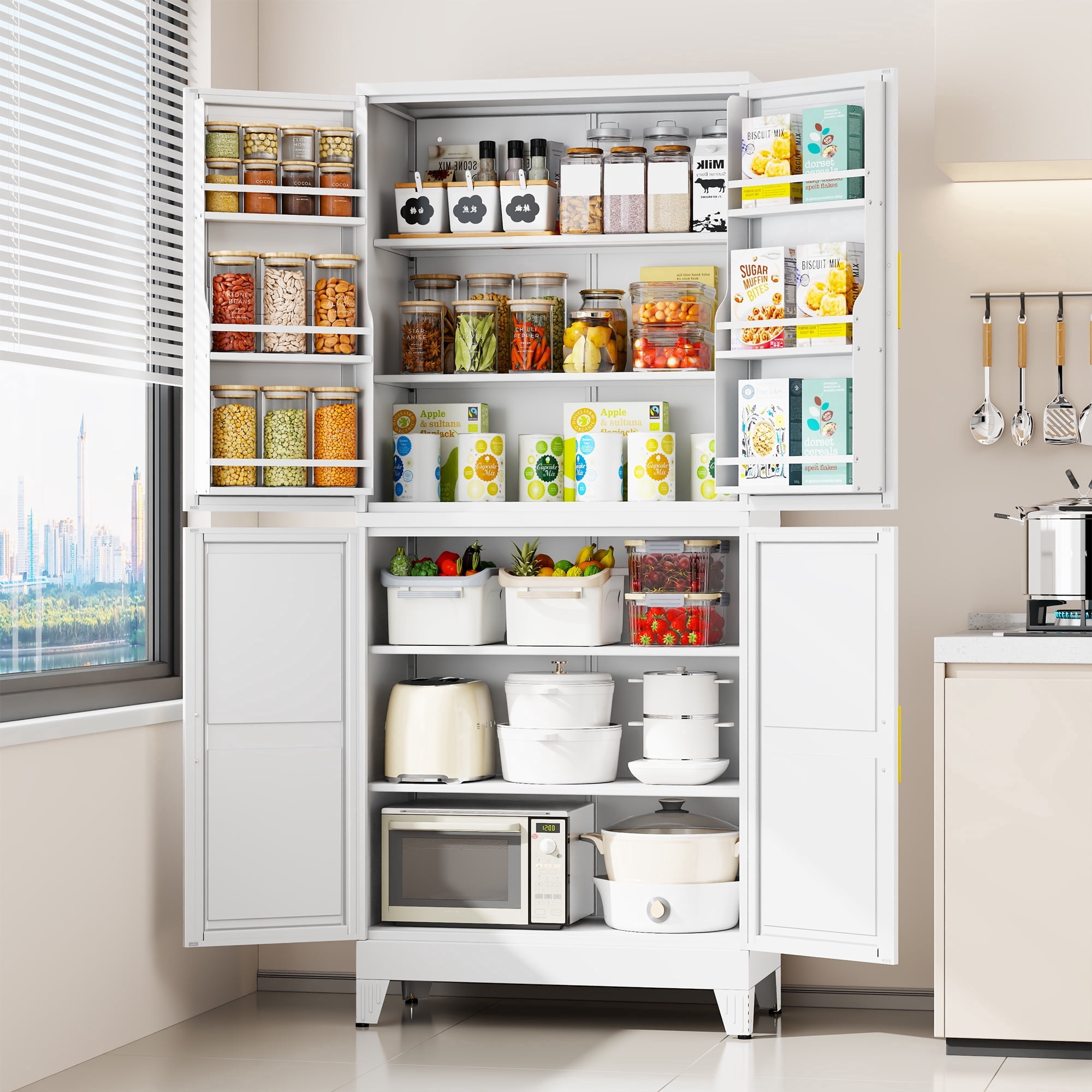 Ero Tall Steel Pantry Cabinet with 4 Doors and Adjustable Shelves for Kitchen Storage White