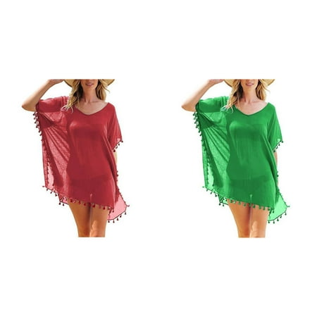 2-Pack Women s Trim Kaftan Chiffon Tassels Swimwear Beach Loose Bikini Cover Up Tops Bath Cover Ups for Women Long Swim Tops Women Womens Swimming Suits with Shorts Bathing Suit Shorts Women Set 1