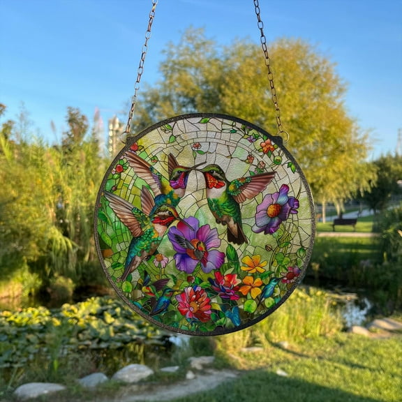 Hummingbirds Painted Stained Glass Suncatcher, Window Hanging Decor, Outdoor Sun Catcher Decor, Birds WallÃ‚ Decor