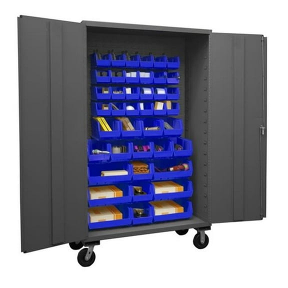 Durham 2502M-BLP-42-5295 48 in. 16 Gauge Flush Door Style Lockable Mobile Storage Cabinet with 42 Blue Hook on Bins, Gray
