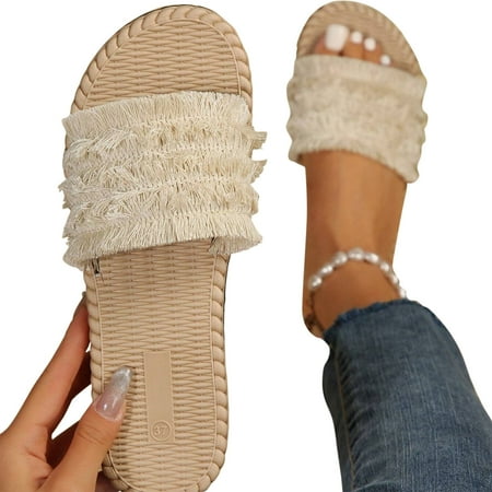 

ELABCH Women Summer Slippers Bohemian Open Toe Flat Slippers Beach Vacation Tassels Slippers Beige