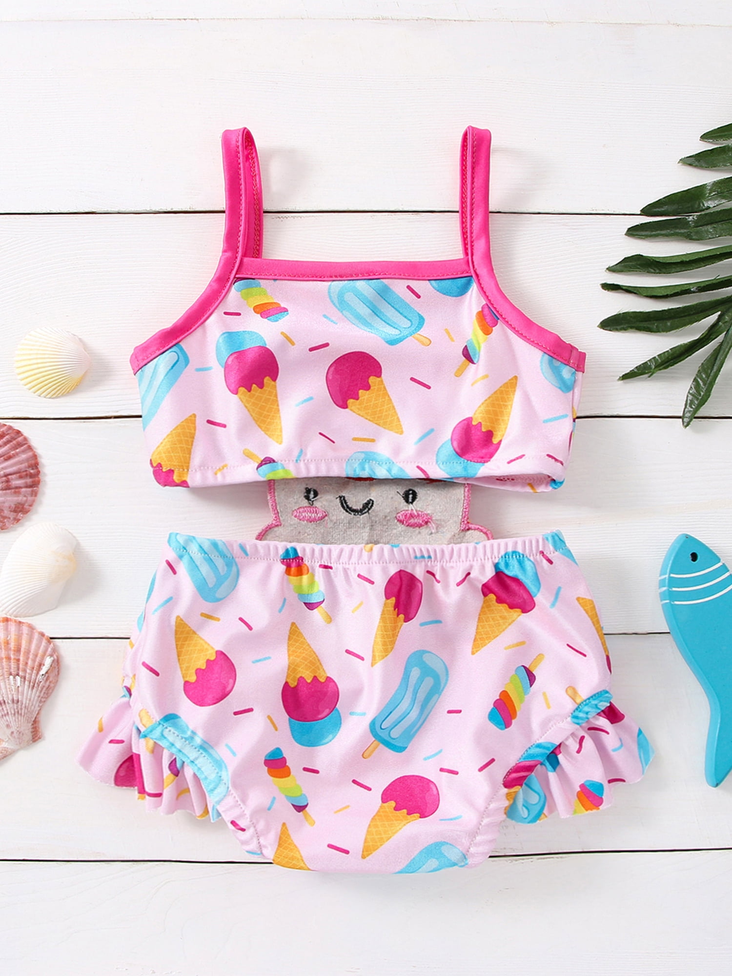 2pcs Baby Girl All Over Ice Cream Print Spaghetti Strap Shirred Bikini Set Swimwear
