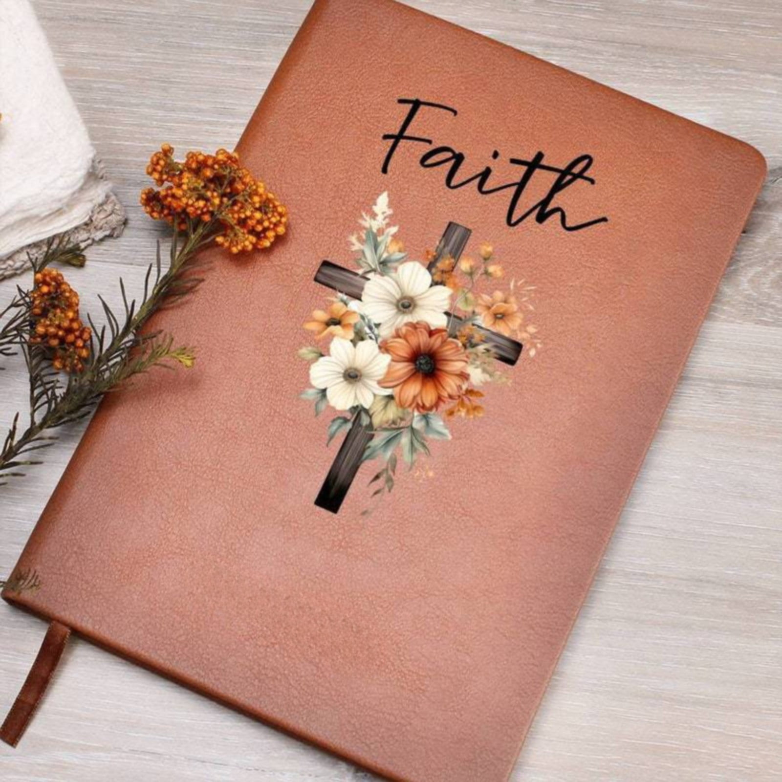 VKLU Faith Prayer Journal for Women, Antique Rustic Leather Notebook with Floral Cross Design, Inspirational Gratitude Diary for Daily Devotion & Bible Study, Boxed Christian Gift