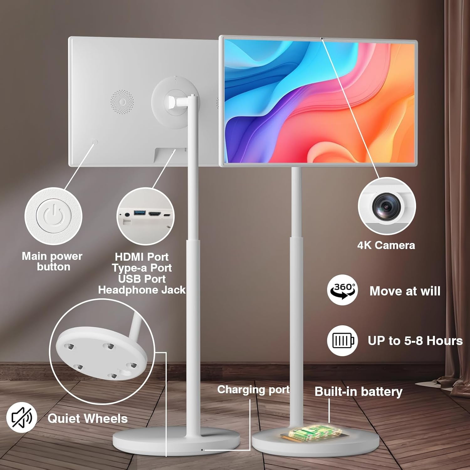 32-Inch 1080P Portable Rolling Smart TV on Wheels , 8GB RAM+128GB Storage, Android 13, Built-in Battery(5-8H), Full Swivel Rotation, Voice Remote Control