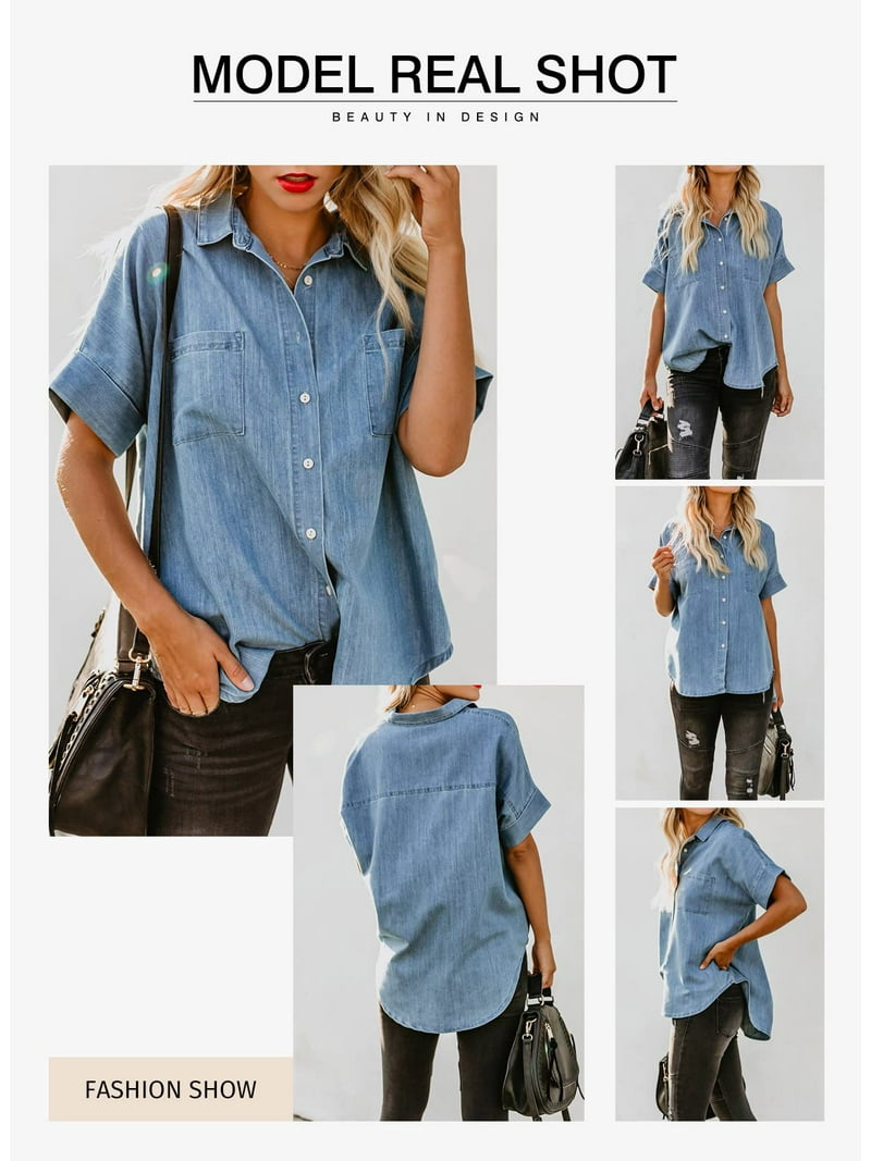 【KOOLOSET】Flick Dart Denim Short Sleeve Shirt Astylish Women's Short Sleeve Denim Shirt, Classic Turndown