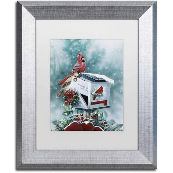 Trademark Fine Art 'Christmas Cardinals' Canvas Art by Jenny Newland, White Matte, Silver Frame