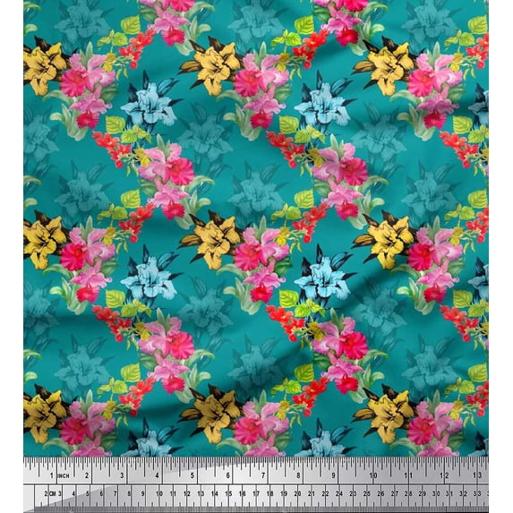 Soimoi Poly Georgette Fabric Leaves & Floral Printed Fabric 1 Yard 42 Inch Wide
