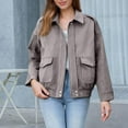 thumbnail image 3 of qucoqpe Womens Faux Suede Bomber Jacket Casual Lapel Long Sleeve Cropped Coat Trendy Motorcycle Jackets, 3 of 6