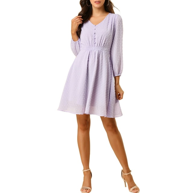 INSPIRE CHIC Vestido de Chiffon A-Line Sólido y Bonito con Cuello en V y Manga Corta Flowy en Color Púrpura