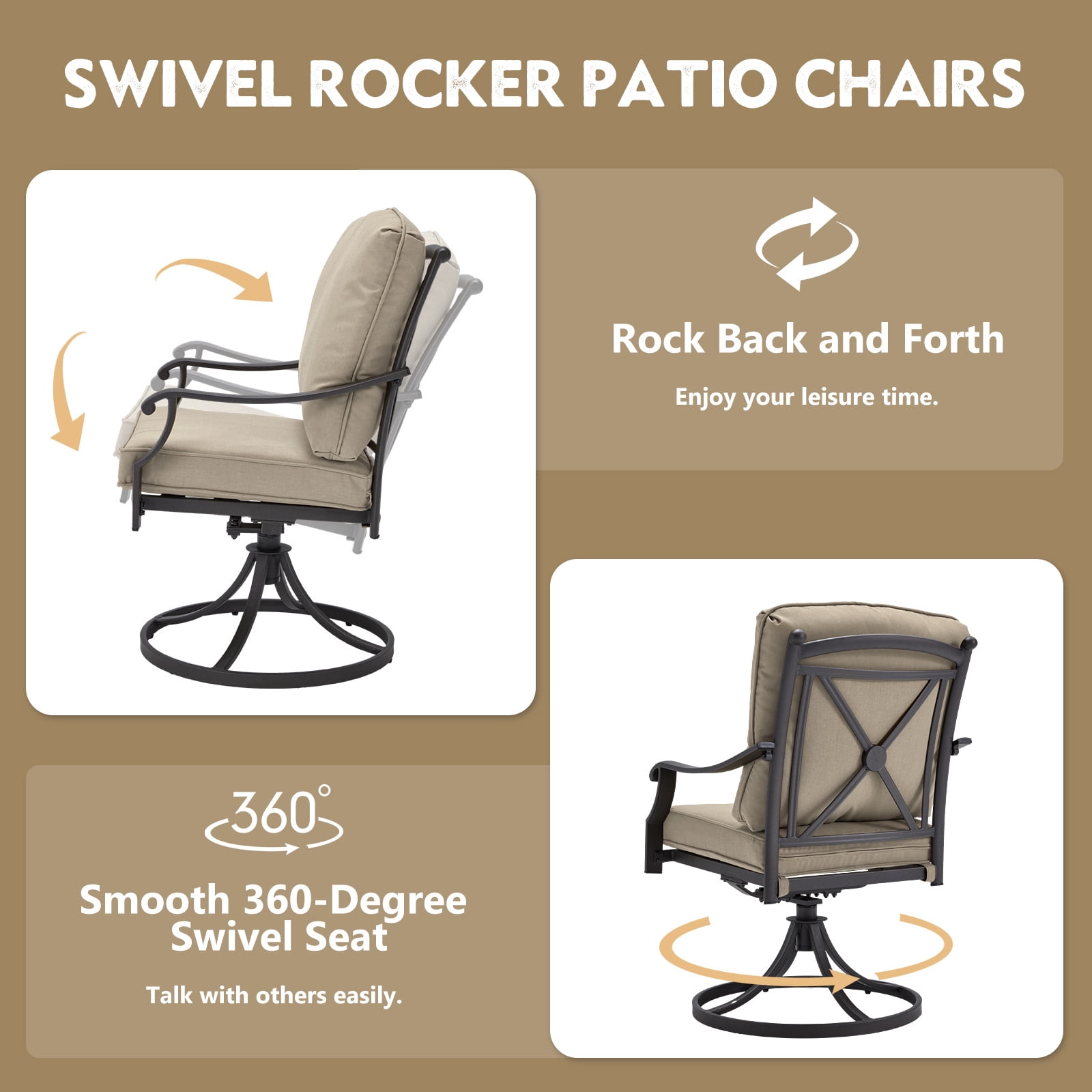 MELLCOM Patio Swivel Chair Set of 2, Heavy Duty Outdoor Dining Chairs with Thickened Cushions, Metal Patio Chairs Gentle Rocker for Outside, Garden Lawn & Porch, Backyard, Khaki