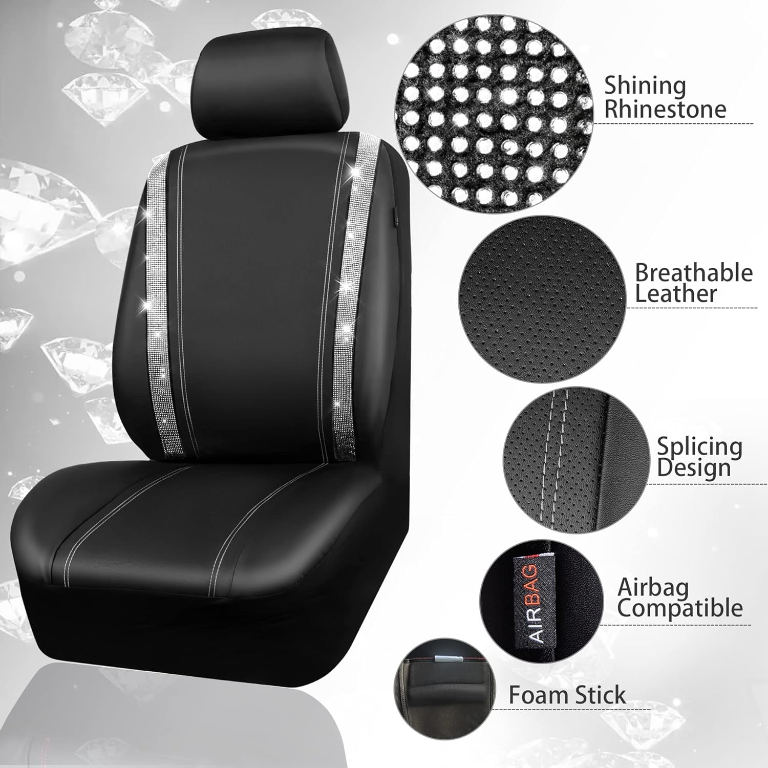 CAR PASS 11 PCS Bling Diamond Car Accessories for Women, Sparkly Rhinestone Steering Wheel Cover, Bling Seat Belt Cushion, Glitter Shift Knob Cover, Car Cup Holder Coaster, Cute Interior Sets Black