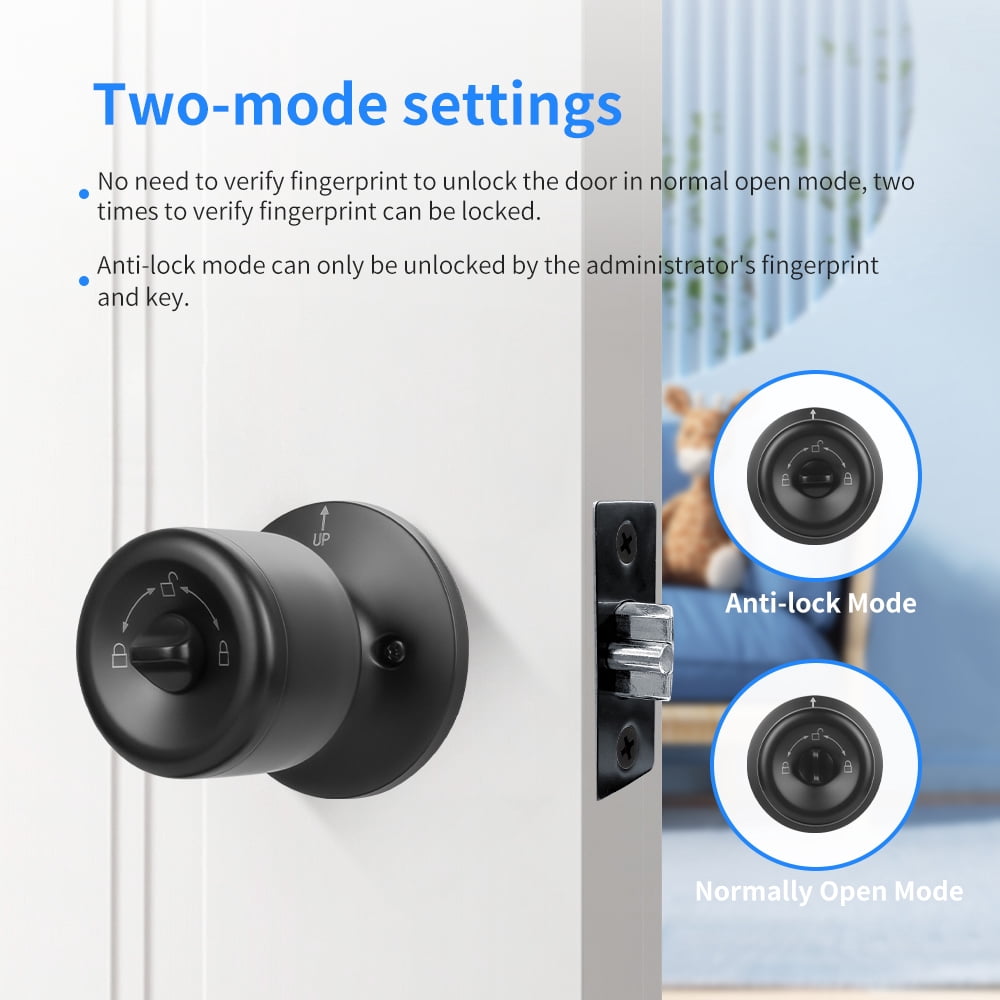 Fingerprint Door Lock, Smart Fingerprint DoorKnob with Lock, Biometric Door knob with AppControl & Key, Keyless Thumbprint Entry DoorLock for Bedroom, Front Door, Home, ApartmentOffice-Matte Black
