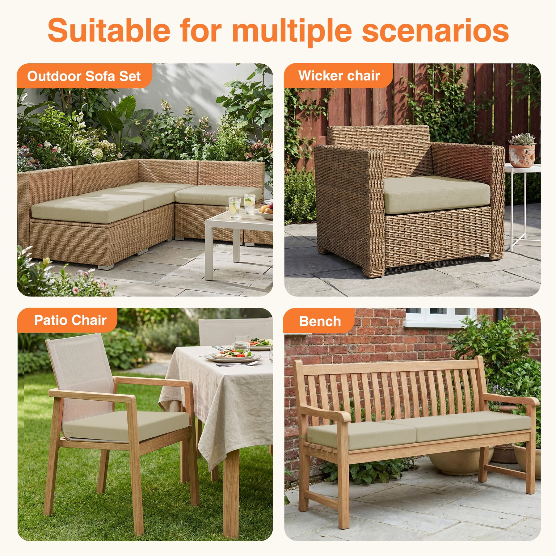 Favoyard Outdoor Cushion Set of 2, Rainproof & 3-Year Fade Resistant Patio Furniture Cushions with Removable Cover and Adjustable Ties for Garden