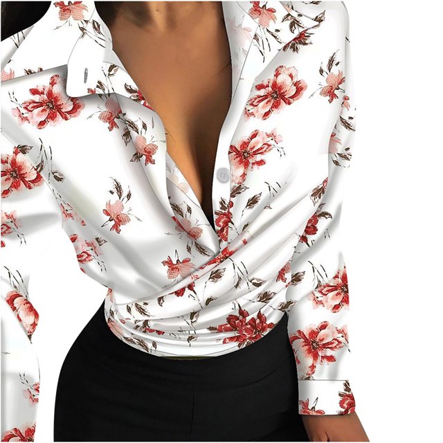 Wolfast Blouse d'Hiver Sexy à Manches Longues pour Femmes Col Rabattu Imprimé Floral Pull Boutons Chemises Hauts, Blanc, TG