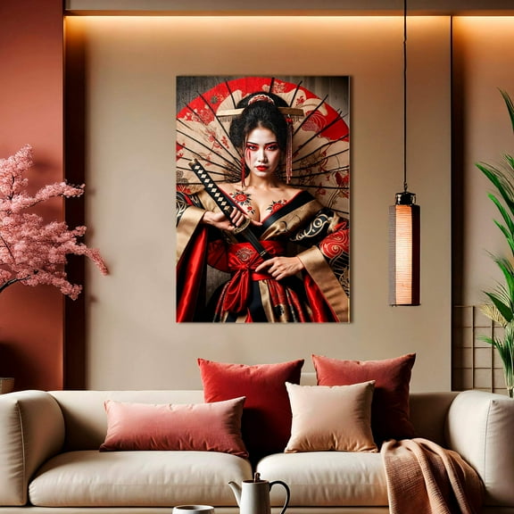 Intense Bloom Warrior Geisha with Katana and Umbrella Canvas Print - Elegant Wall Art for Home Decor