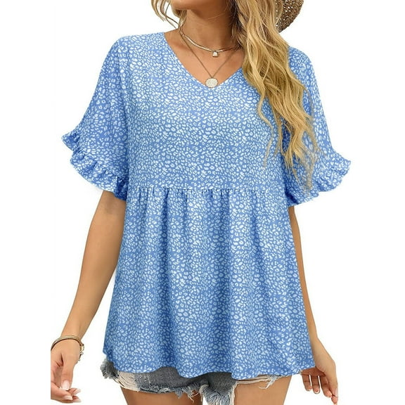 ZXSXSY Women Floral Printed Ruffled Short Sleeves V Neck Babydoll Top