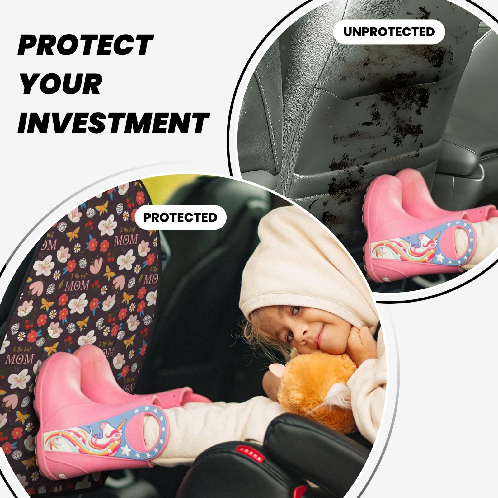 Kdxio To The Best Mom Print 2 Pack Car Kick Mat Seat Cover Back Protector Mat with Pockets for Organizer Backseat Protector and Storage Anti Kick Pad for Vehicles