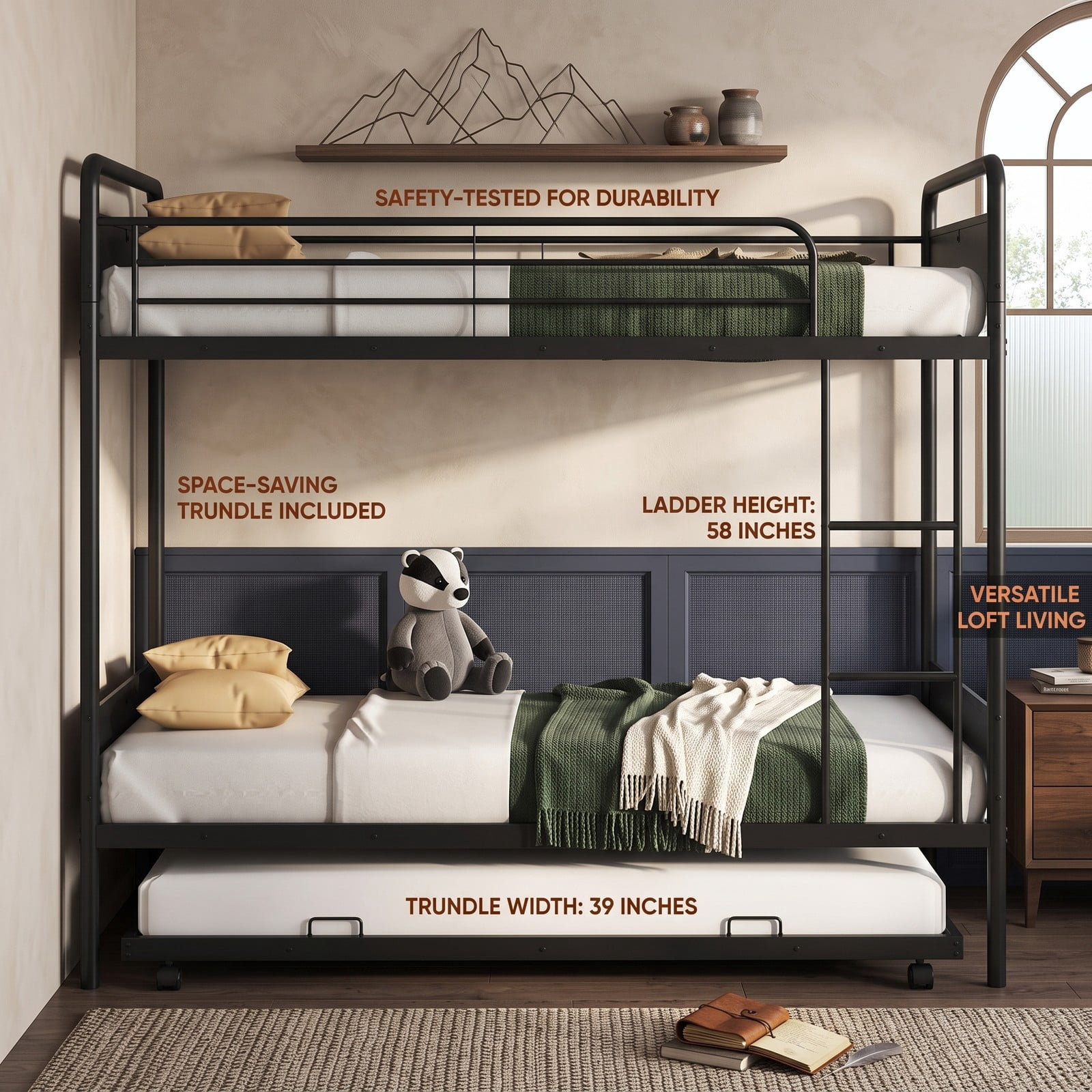 Furnibear Twin Over Twin Metal Bunk Bed with Pull-out Trundle Ladder and Guardrails for Kids Guest Rooms and Dorms, Black