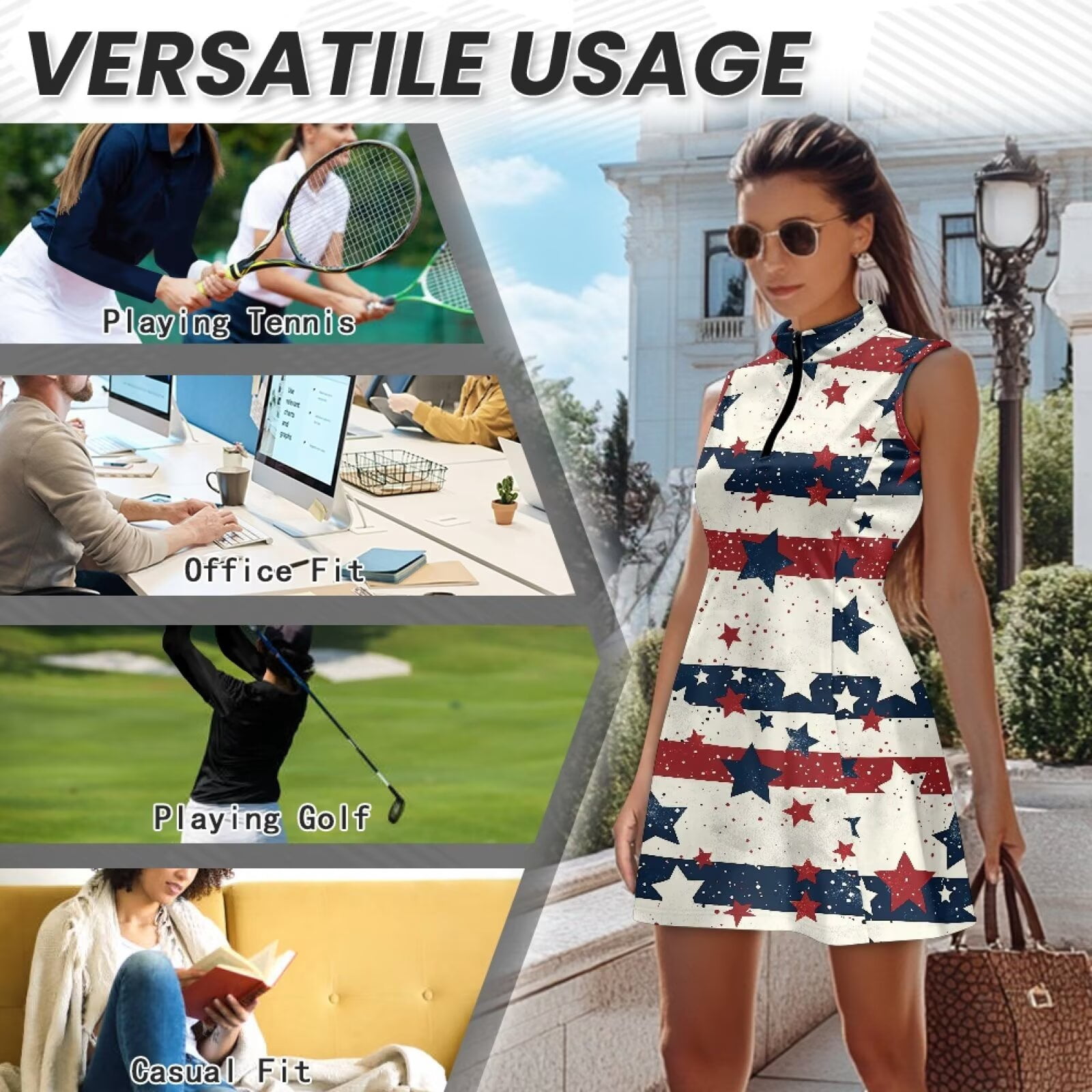Yuyamidu American Flag Star Tennis Golf Dresses for Women V Neck Athletic Dress for Women Quick Dry Womens Athletic Clothing Sets with Shorts and Pockets Tennis Dress Size L