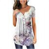 Femmes Tops Femmes Été Tops 2023 Femmes Mode V- Cou Imprimé Floral Tunique Tops Boutons Manches Courtes T-Shirt Violet XL