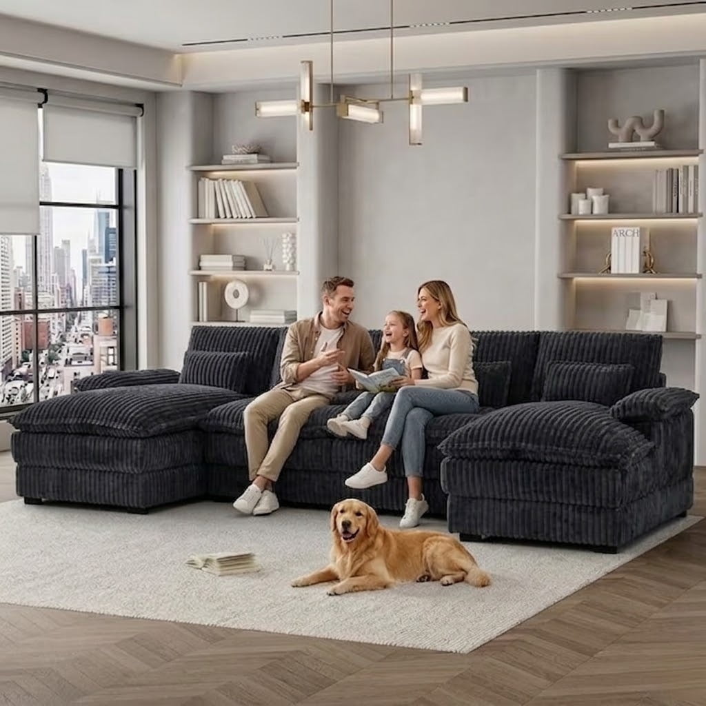 Howcool 124" U Shaped Modular Sectional Sofa, 6 Seat Oversized Cloud Couch with Double Chaise & Central Console, Plush Corduroy Sectional Couch with USB Ports, for Living Room,Dark Grey