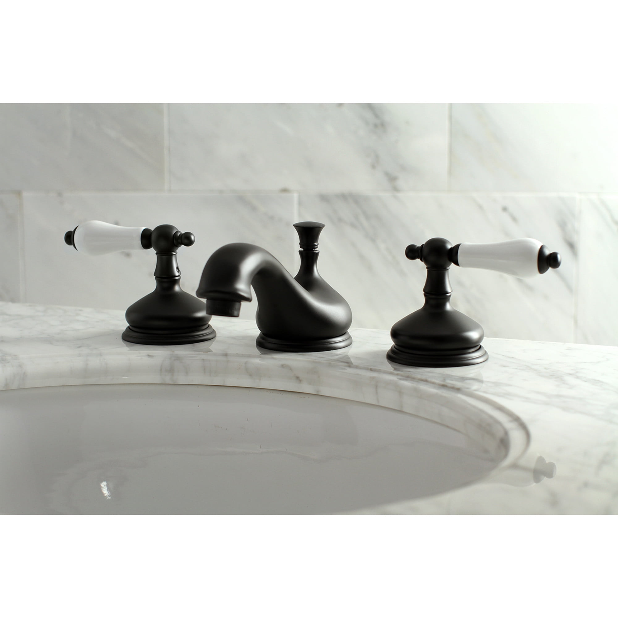 Kingston Brass KS1160PL Heritage Two-Handle 3-Hole Deck Mount Widespread Bathroom Faucet with Brass Pop-Up in Matte Black