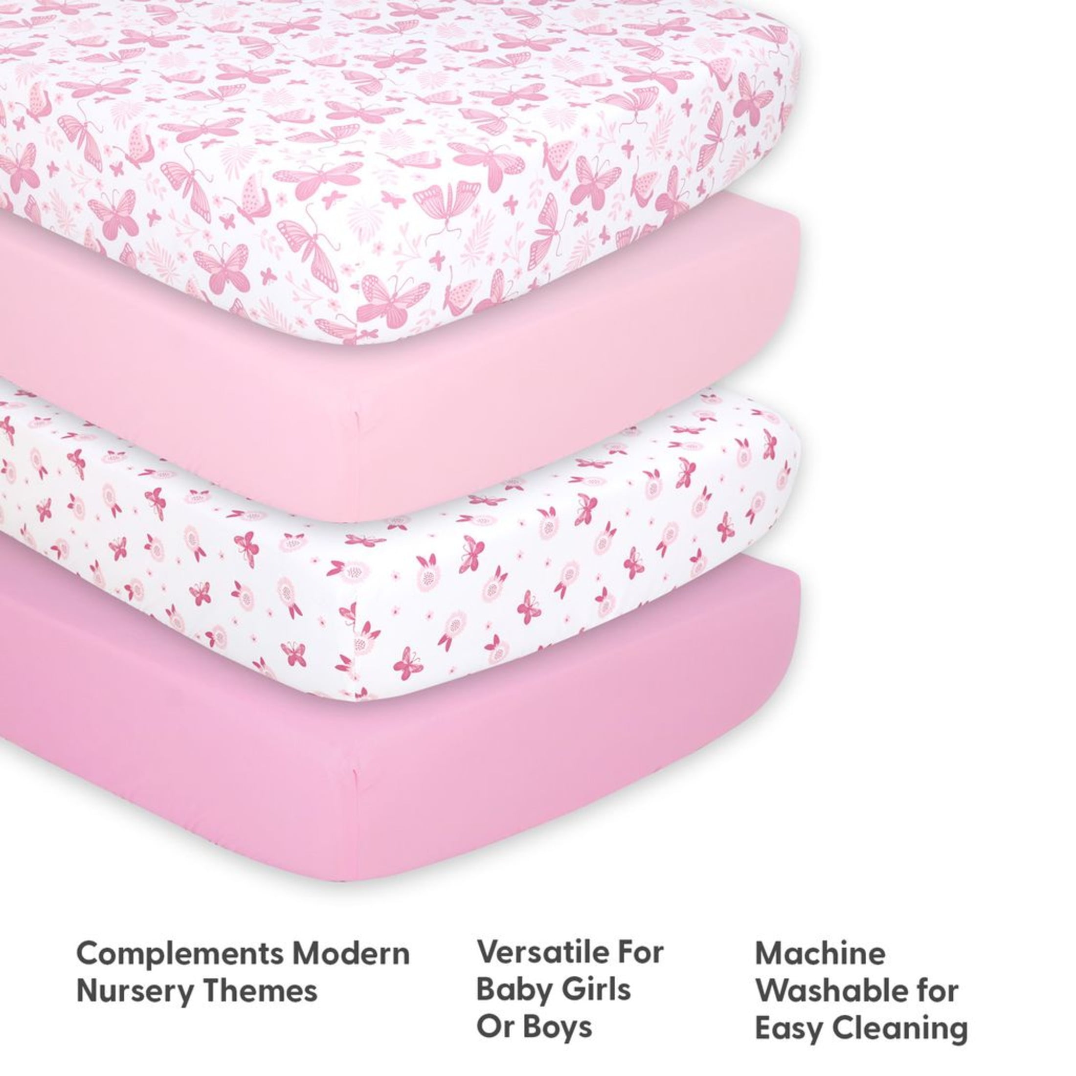 The Peanutshell Fitted Crib Sheets for Baby Girls, 4 Pack Set, Pink Butterfly