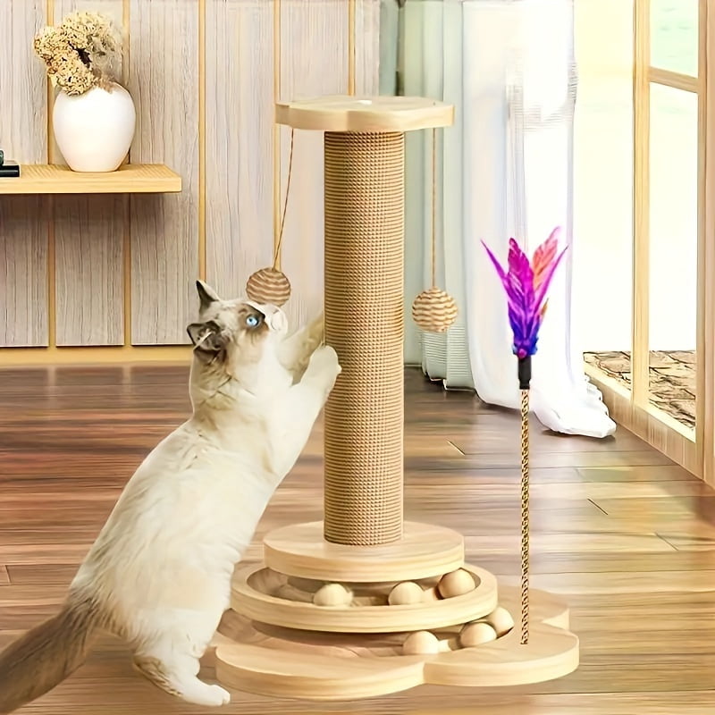 Multi-Level Scratching Post & Climbing Tower 20in With Sisal, Cat Toy Scratching Post, Cat Climbing Frame With Hanging Balls And Feather Wand, Suitable For Indoor Cats' Exercise