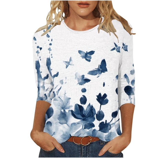 Blouses pour Femmes Mode, Blouses pour Femmes, T-Shirt à Manches 3/4 Col Rond Imprimé Mode, Blouses pour Femmes Mode, Hauts pour Femmes