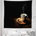 thumbnail image 1 of Food Tapestry, Cup of Coffee on Black Backdrop Morning Starts Breakfast Wake up Drink, Fabric Wall Hanging Decor for Bedroom Living Room Dorm, 5 Sizes, Dark Taupe and Ginger, by Ambesonne, 1 of 1
