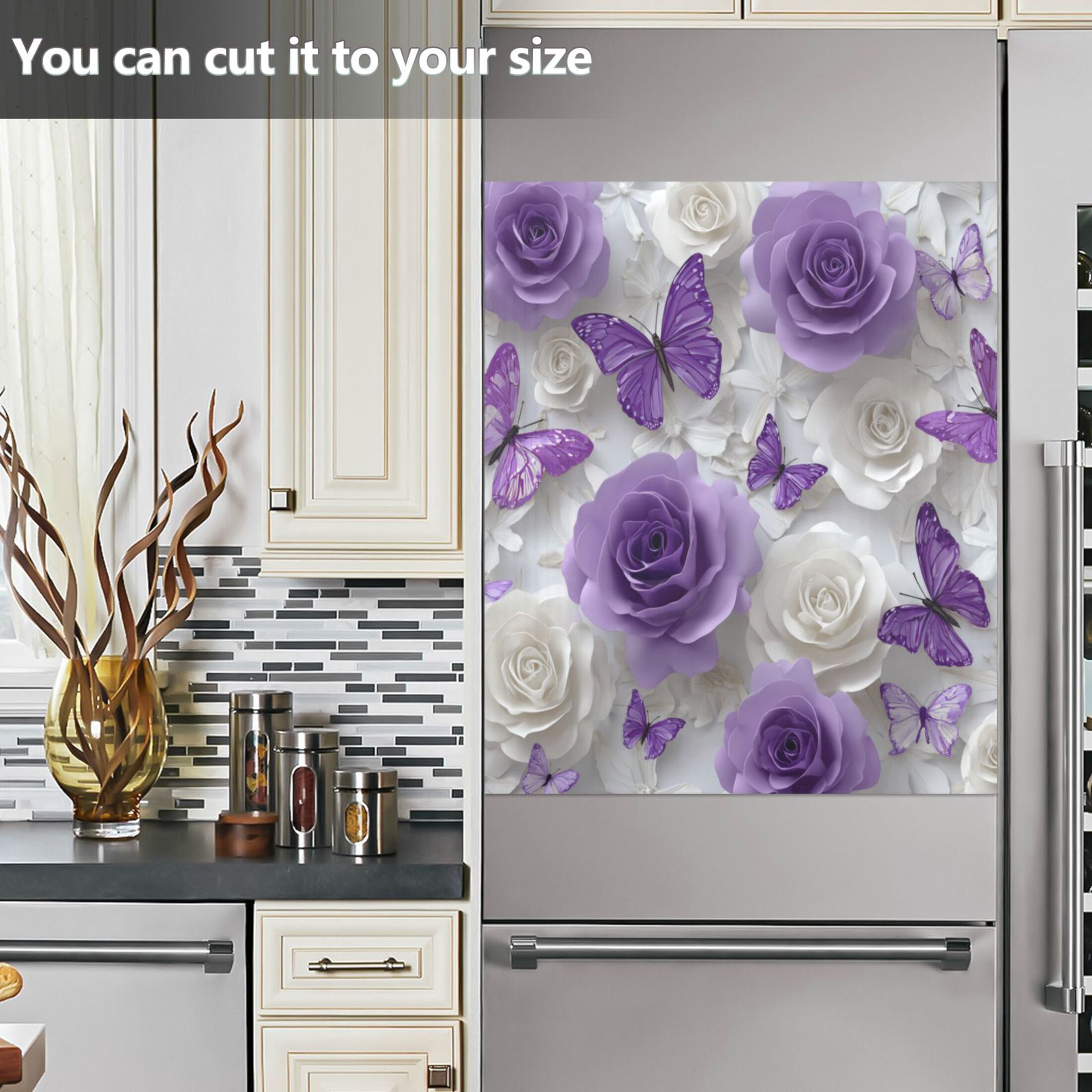 Dishwasher Magnetic Refrigerator Magnet Cover Sticker Home Decorative 23"x26" Purple Butterflies and White Roses
