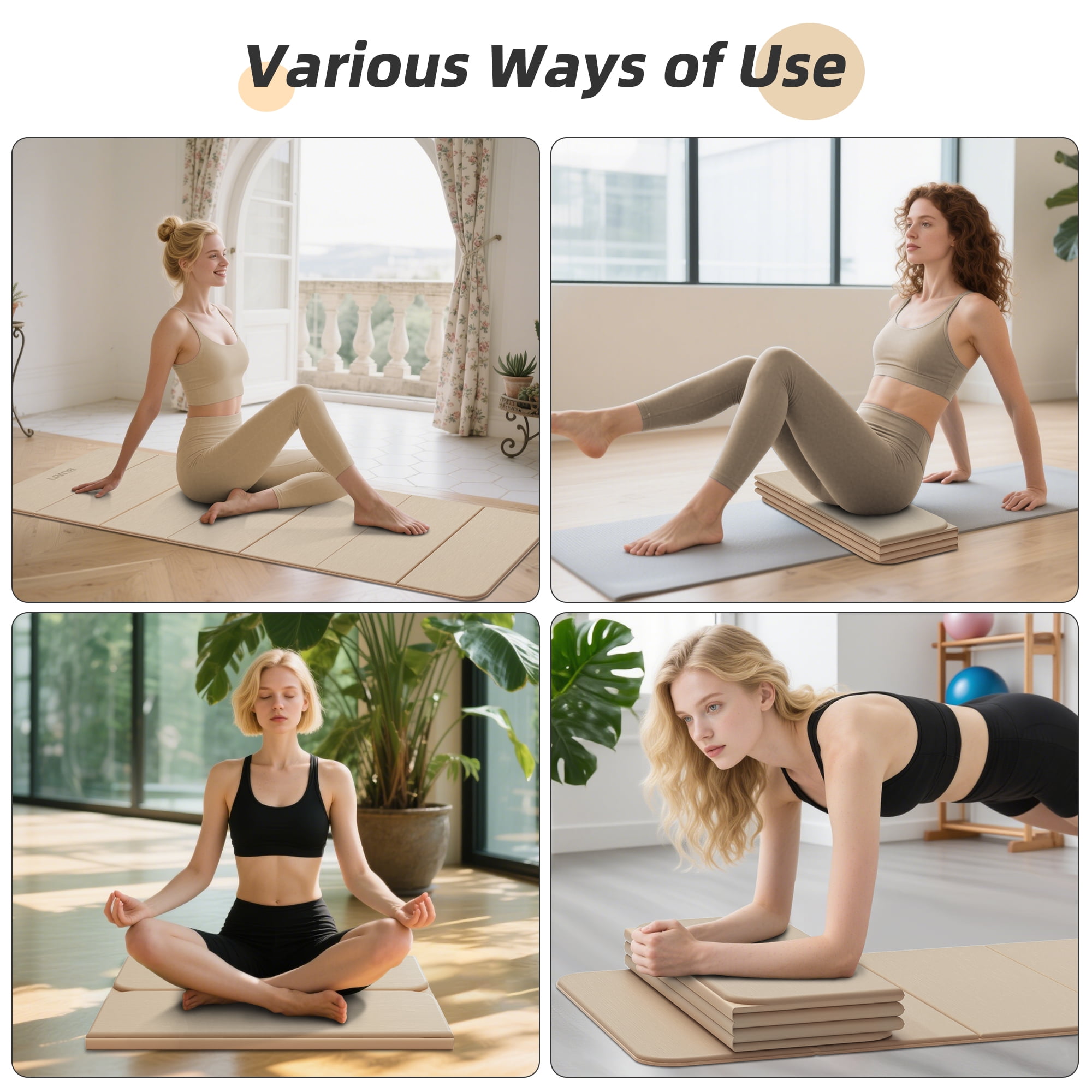 Lamei Foldable Yoga Mat, 31" Extra Wide Non-Slip Exercise Mats for Home Workout, 75" Long, 8mm Thick,Lightweight Travel, Quick Unfold/Fold, Flat Lay No Curl(Beige)